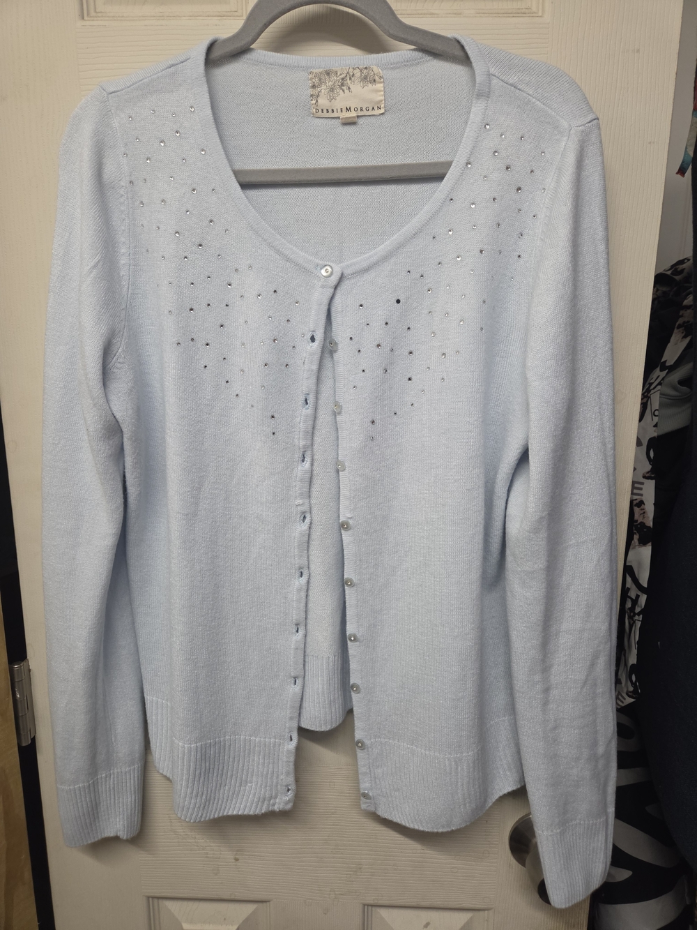 Cashmere Embellished Debbie Morgan Light Blue Rhinestone Cardigan